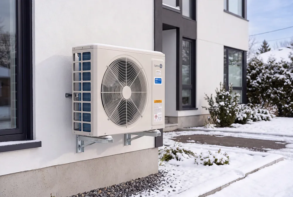 Thermopompe murale installée sur une maison, en plein hiver, entourée de neige