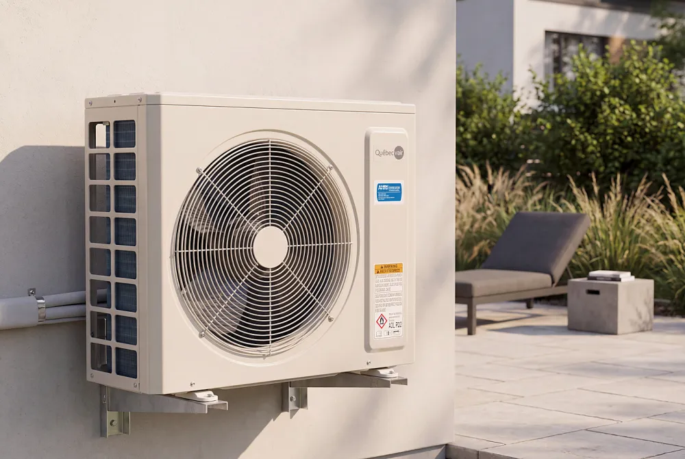 Thermopompe murale installée près d’une terrasse, en été
