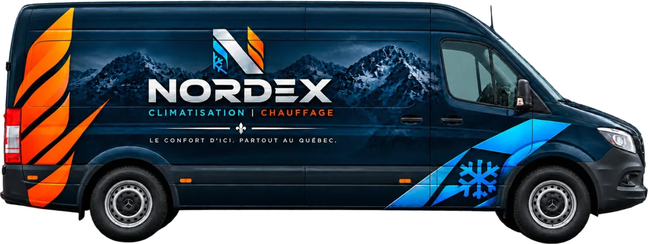Camion de service Nordex, climatisation et chauffage, avec le slogan Le confort d’ici. Partout au Québec.